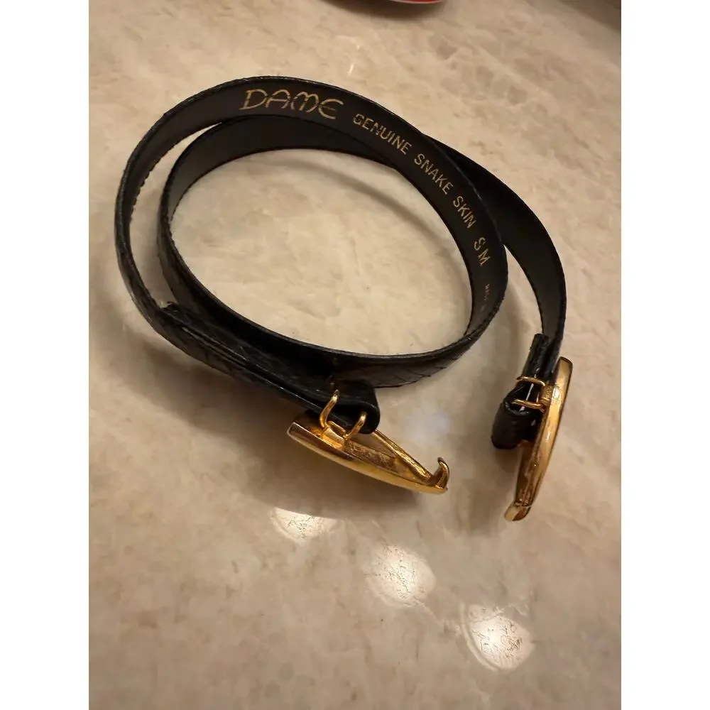 Vintage Dame black eelskin belt gold clip sz S
